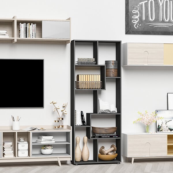 HOMCOM - Bibliothèque étagère meuble de rangement dim. 70L x 24l x 178H cm en zigazag et 8 espaces en panneau de particules noir - large
