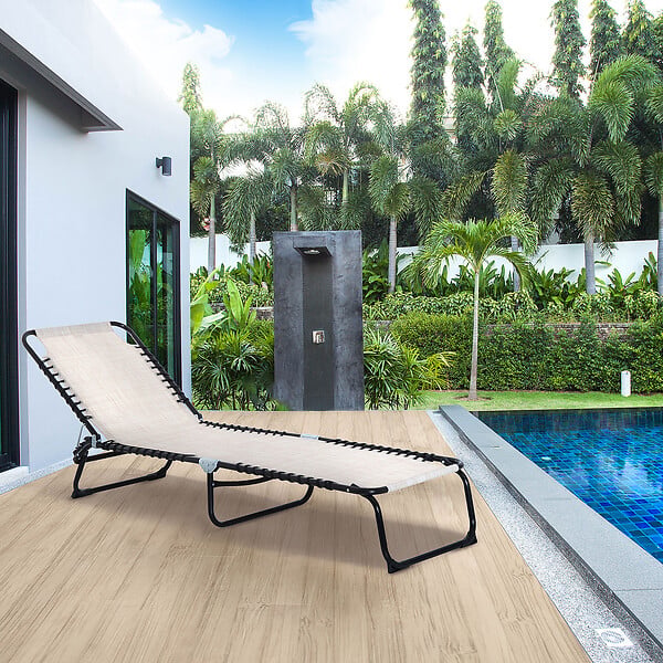 OUTSUNNY - Bain de soleil transat pliable dossier inclinable multi-positions acier thermoplastique lacets élastiques noir textilène crème - large