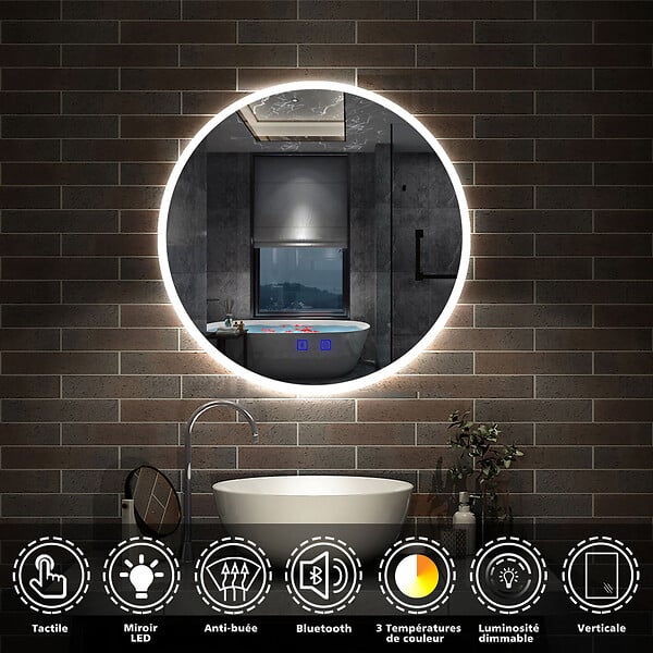 AICA SANITAIRE - Simple Bluetooth LED rond miroir de salle de bain tricolore tactile avec anti-buée 60x60cm - large