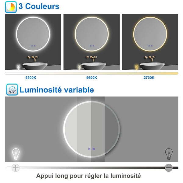 AICA SANITAIRE - Simple Bluetooth LED rond miroir de salle de bain tricolore tactile avec anti-buée 60x60cm - large