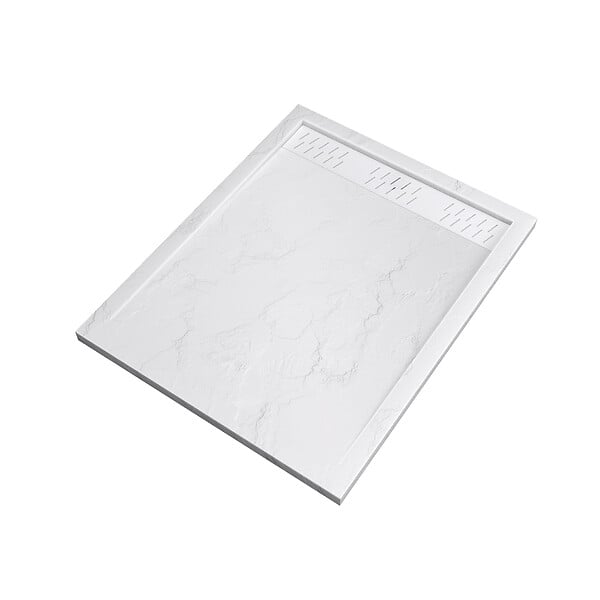 AURLANE - Receveur en acrylique Blanc Effet Pierre 80x100x4 cm + Grilles Linéaires Chrome et Blanche Mate - large