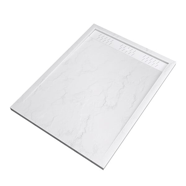 AURLANE - Receveur en acrylique Blanc Effet Pierre 90x120x4 cm + Grilles Linéaires Chrome et Blanche Mate - large