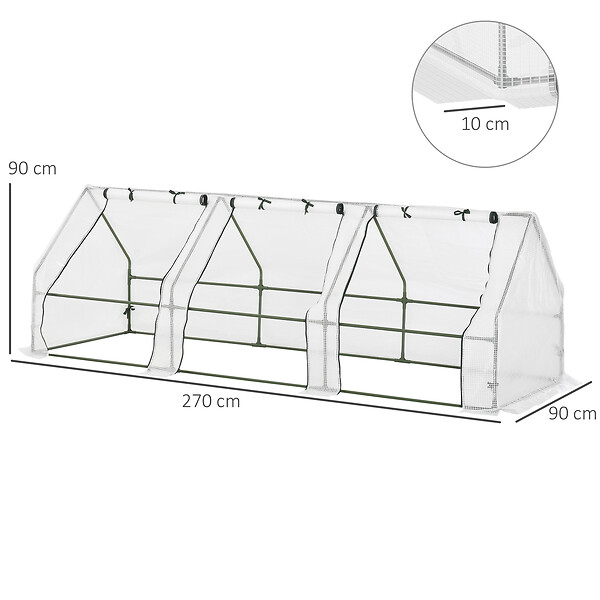 OUTSUNNY - Mini serre de jardin serre à  tomates 270L x 90l x 90H cm acier PE haute densité 140 g/mÂ² anti-UV 3 fenêtres avec zip enroulables blanc - large