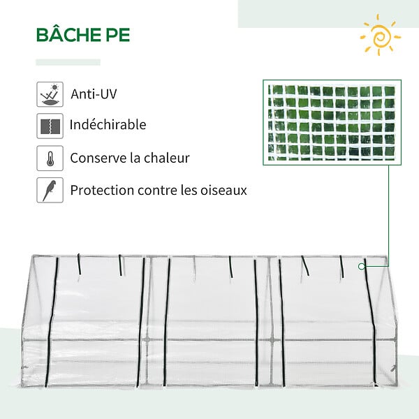 OUTSUNNY - Mini serre de jardin serre à  tomates 270L x 90l x 90H cm acier PE haute densité 140 g/mÂ² anti-UV 3 fenêtres avec zip enroulables blanc - large