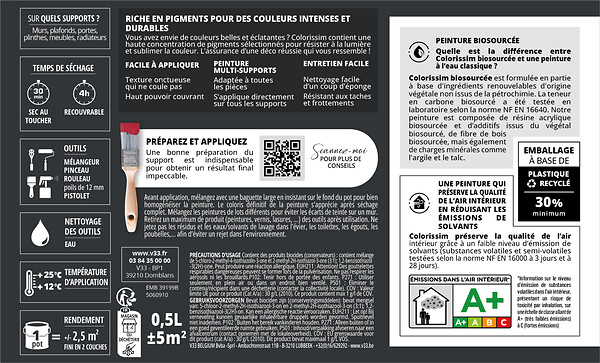 V33 PEINTURE - Peinture biosourcée Colorissim Velours Blanc écume 0,5L - large
