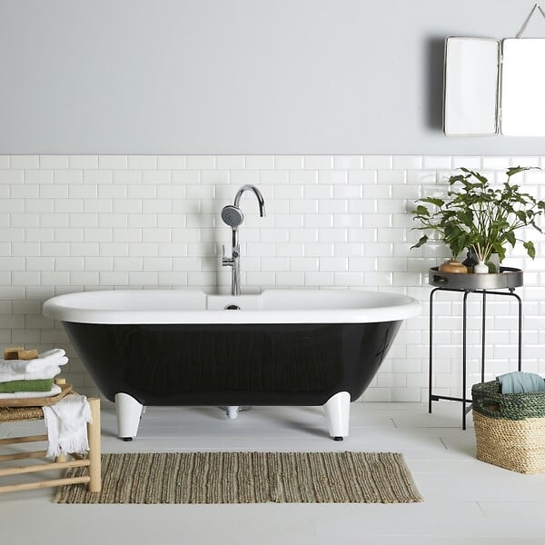 PLANETE BAIN - Baignoire îlot rétro charly noire et blanche avec pieds moderne conique blanc - large