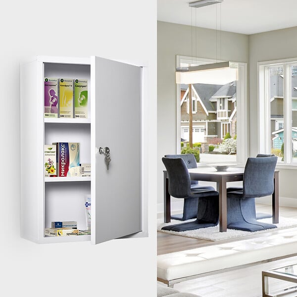 Relaxdays Armoire à Pharmacie XXL, verrouillable, 11 Compartiments, Acier, HxLxP: 53,5x53x19 cm, 2 Portes, Blanc - Rouge