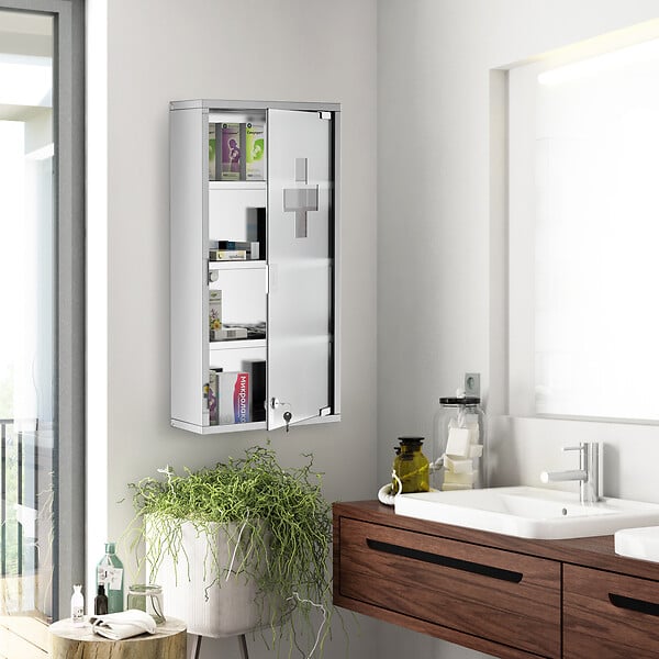 HOMCOM - Armoire à pharmacie 3 étagères 4 niveaux 30L x 12l x 60H cm porte verre trempé symbole croix acier inoxydable brossé - large