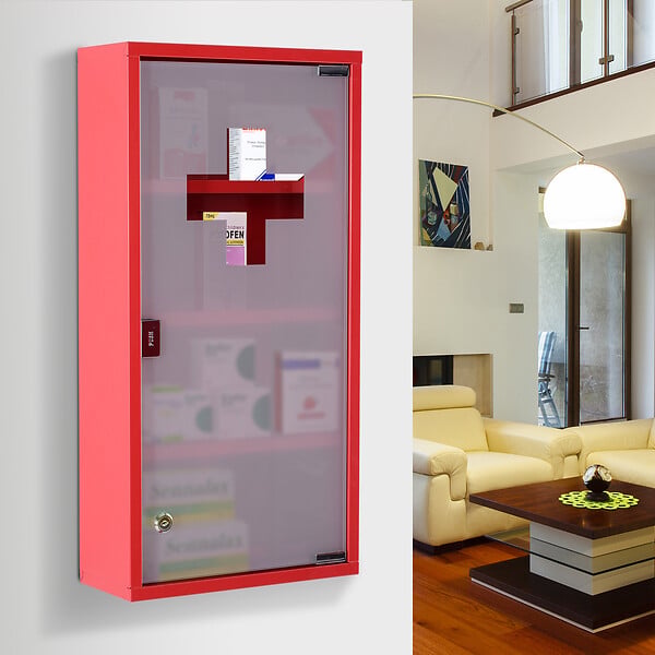 HOMCOM - Armoire à pharmacie 3 étagères 4 niveaux verrouillable porte verre trempé dépoli logo croix 30L x 12l x 60H cm acier inox rouge - large