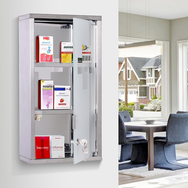 HOMCOM - Armoire à pharmacie 2 étagères 3 niveaux verrouillable porte verre trempé dépoli logo croix 25L x 12l x 48H cm acier inox - large