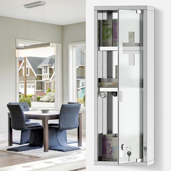 KLEANKIN - Armoire à pharmacie 2 étagères 3 niveaux 20L x 12l x 58H cm porte verre trempé symbole croix acier inox. - large