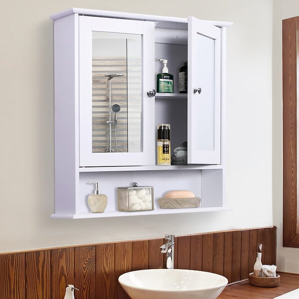 HOMCOM - Armoire murale étagère salle de bain 56L x 13l x 58H cm double porte miroir étagère réglable MDF blanc - large