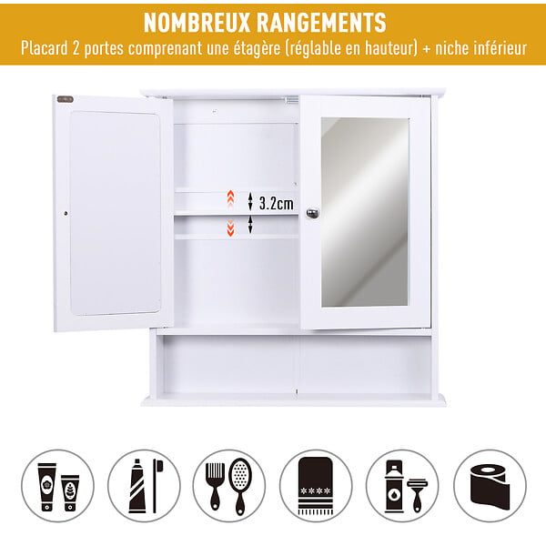 HOMCOM - Armoire murale étagère salle de bain 56L x 13l x 58H cm double porte miroir étagère réglable MDF blanc - large