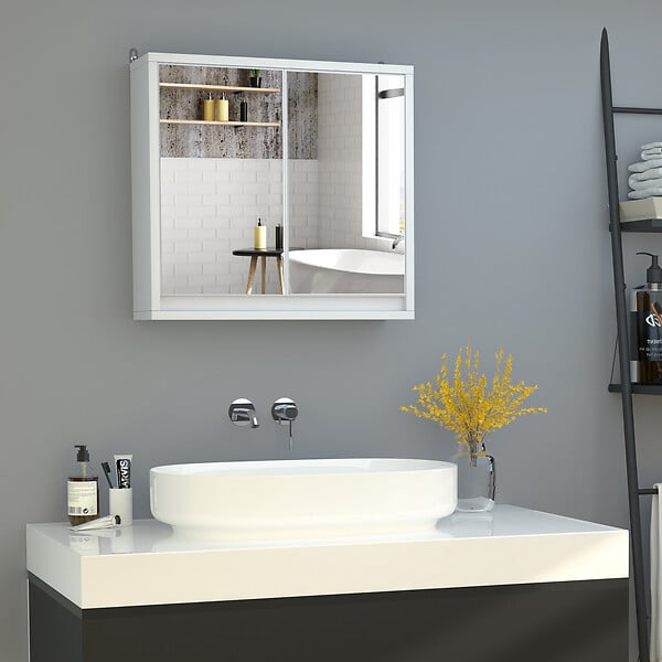 HOMCOM - Armoire murale miroir salle de bain 2 étagères dim. 48L x 14l x 45H cm panneaux particules MDF blanc - large