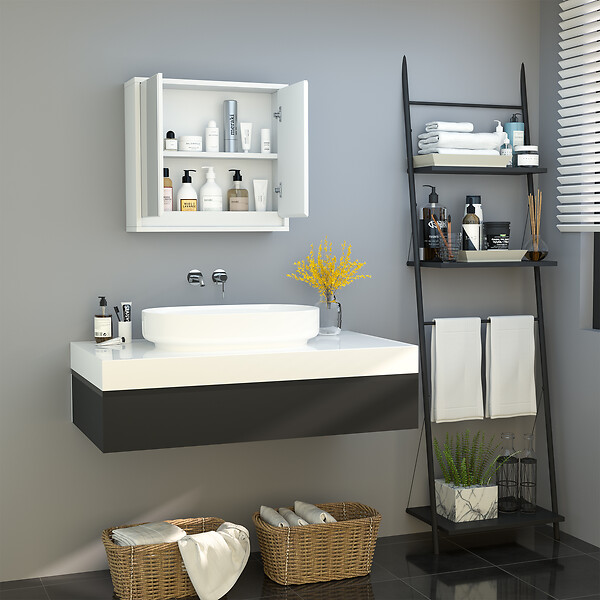 HOMCOM - Armoire murale miroir salle de bain 2 étagères dim. 48L x 14l x 45H cm panneaux particules MDF blanc - large