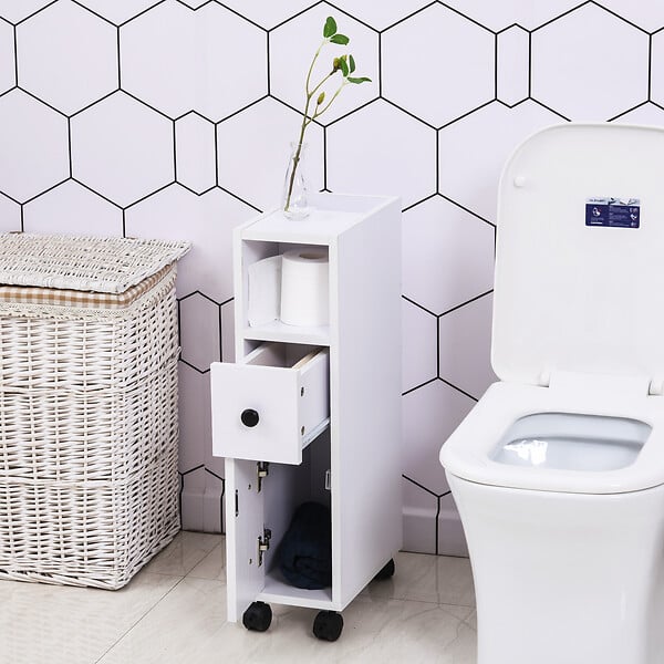 HOMCOM - Meuble bas colonne rangement salle de bain à roulettes blanc dim. 18L x 30l x 68,5H cm - large