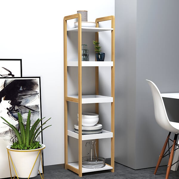 HOMCOM - Etagère en bambou de salle de bain étagère debout 3 paniers + 2 étagères dim. 32L x 30l x 130H cm beige blanc - large