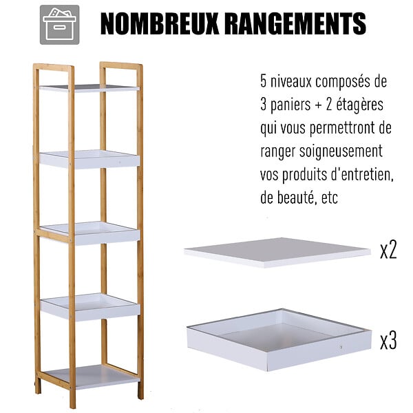 HOMCOM - Etagère en bambou de salle de bain étagère debout 3 paniers + 2 étagères dim. 32L x 30l x 130H cm beige blanc - large