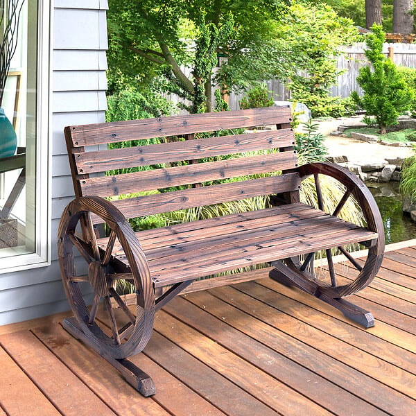 OUTSUNNY - Banc de jardin 3 places style rustique chic accoudoirs roues charette bois sapin traité carbonisation - large
