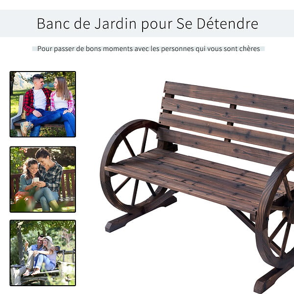 OUTSUNNY - Banc de jardin 3 places style rustique chic accoudoirs roues charette bois sapin traité carbonisation - large