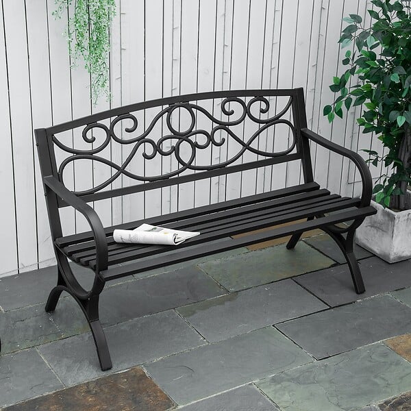 OUTSUNNY - Banc de jardin 2 places style néo-rétro fer forgé dim. 128L x 58l x 85H cm acier époxy fonte noir - large