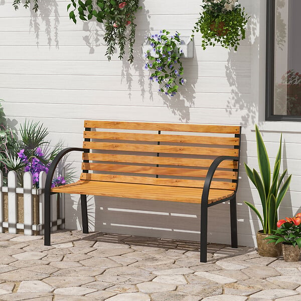 OUTSUNNY - Banc de jardin 2 places style rural chic assise dossier à lattes bois naturel lasuré châssis acier époxy noir - large