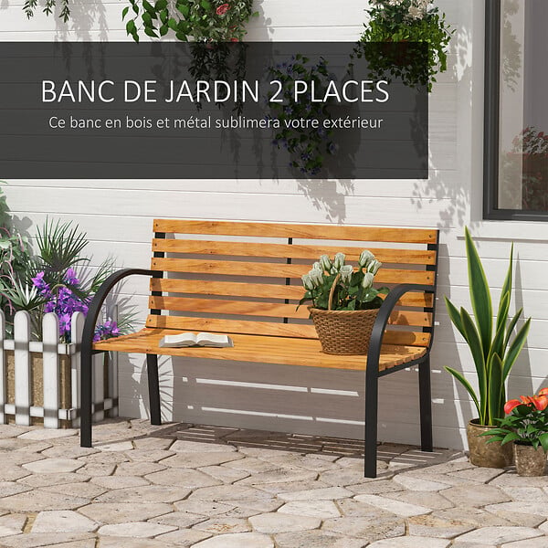 OUTSUNNY - Banc de jardin 2 places style rural chic assise dossier à lattes bois naturel lasuré châssis acier époxy noir - large