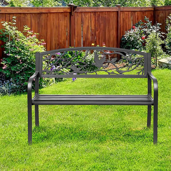 OUTSUNNY - Banc 3 places de jardin terrasse style rural chic 127L x 60l x 85H cm métal époxy anticorrosion noir - large