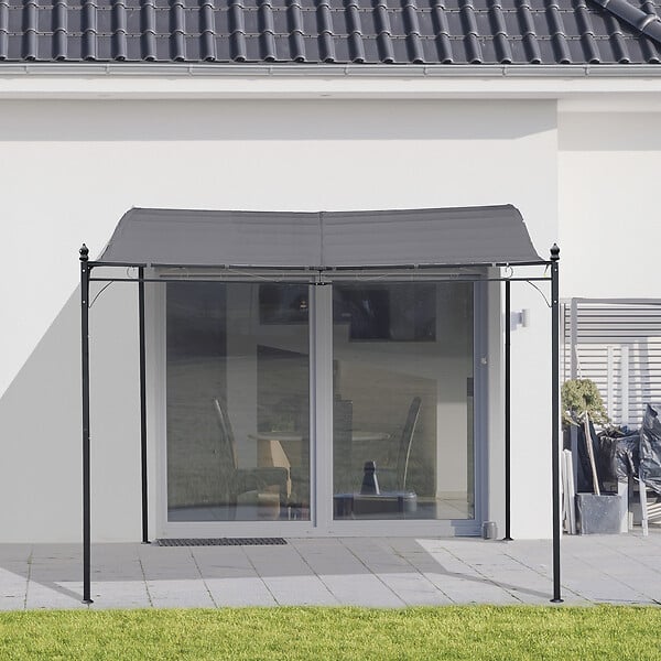 OUTSUNNY - Pergola tonnelle de jardin auvent 2,97 x 2,97 m adossable métal noir polyester anti-UV gris - large