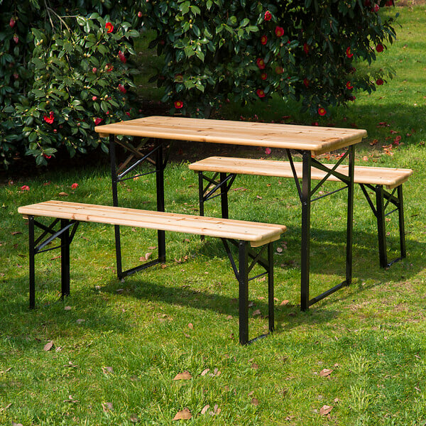 OUTSUNNY - Table de camping pique-nique pliable portable + 2 bancs pliables métal époxy noir bois massif sapin - large