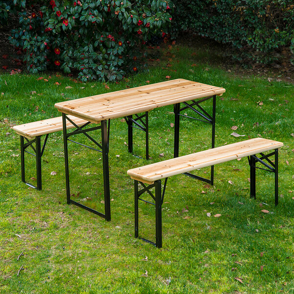 OUTSUNNY - Table de camping pique-nique pliable portable + 2 bancs pliables métal époxy noir bois massif sapin - large