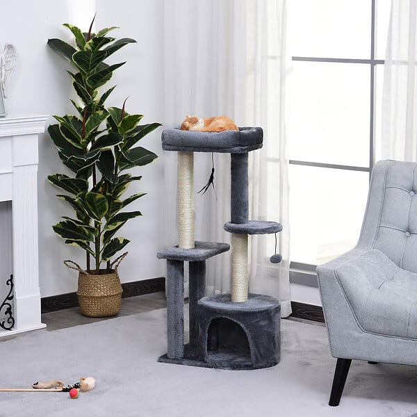 PAWHUT - Arbre à chats avec griffoirs grattoirs sisal naturel centre d'activités niche plateformes 2 jouets suspendus gris - large