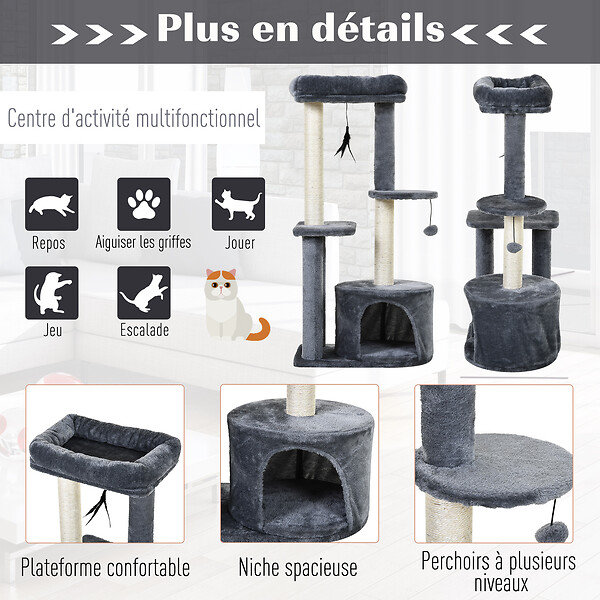 PAWHUT - Arbre à chats avec griffoirs grattoirs sisal naturel centre d'activités niche plateformes 2 jouets suspendus gris - large