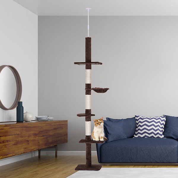 PAWHUT - Arbre à chat poteau à griffer L40 x l 34 x H 230-260 cm 5 niveaux d'activités marron - large