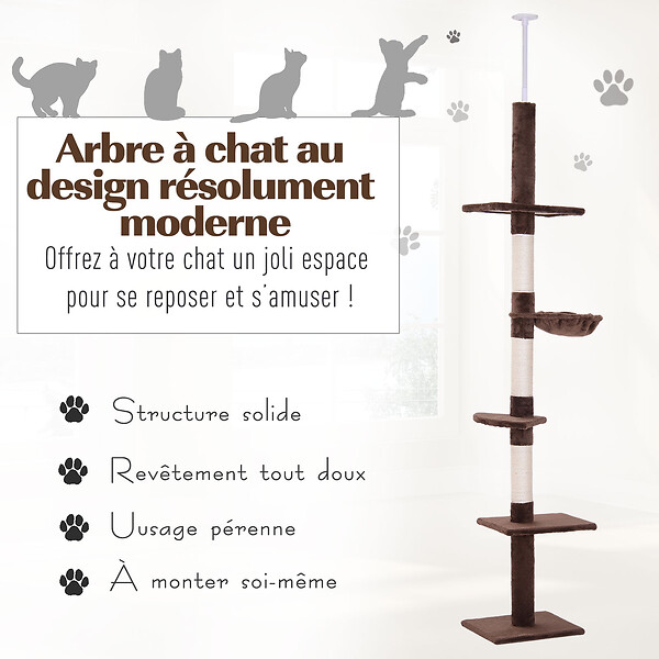 PAWHUT - Arbre à chat poteau à griffer L40 x l 34 x H 230-260 cm 5 niveaux d'activités marron - large