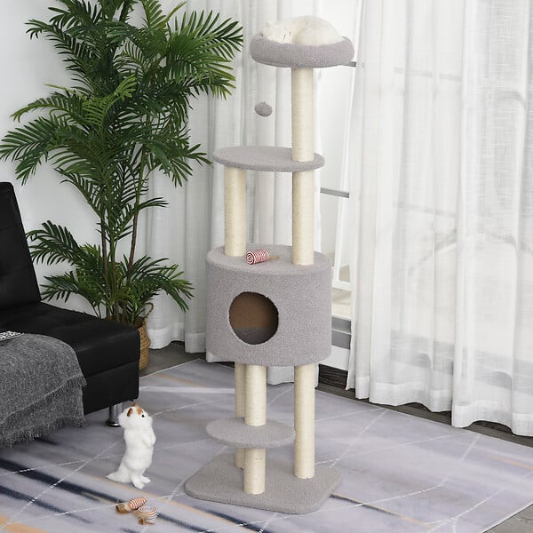 PAWHUT - PawHut Arbre à Chats avec Griffoir Niche Poteaux Peluche Haute Densité 45L x 40L x 148H cm Gris - large