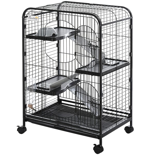 PAWHUT - PawHut Cage pour Petits Animaux Roulante 3 Rampes 3 Plates-formes Plat et Bouteille d'Eau Bac Inférieur Amovible Acier PP Noire - large