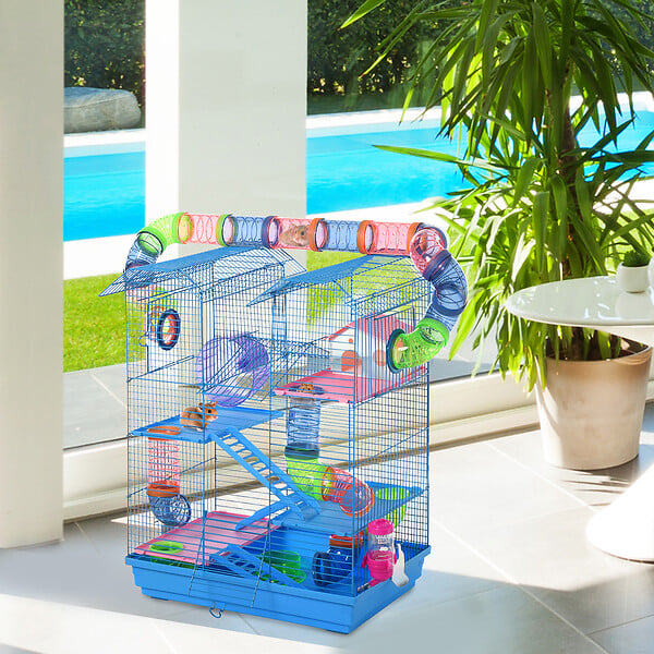 PAWHUT - Cage pour Hamster Souris Petit Animaux Rongeur avec Tunnel Mangeoire Roue Jouet 47 x 30 x 59 cm cm Bleu - large