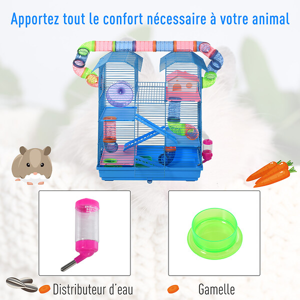 PAWHUT - Cage pour Hamster Souris Petit Animaux Rongeur avec Tunnel Mangeoire Roue Jouet 47 x 30 x 59 cm cm Bleu - large