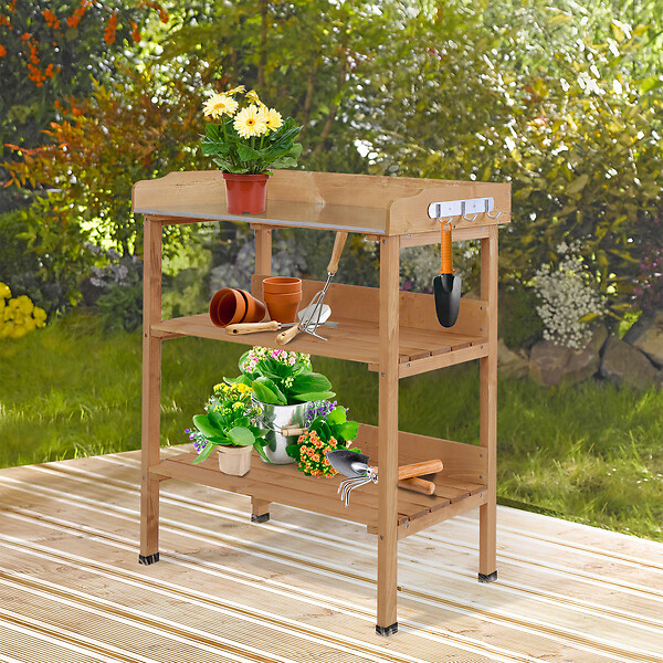 OUTSUNNY - Table de rempotage jardinage - 2 étagères 3 crochets outils plateau tôle acier galvanisé avec rebord - bois sapin pré-huilé - large