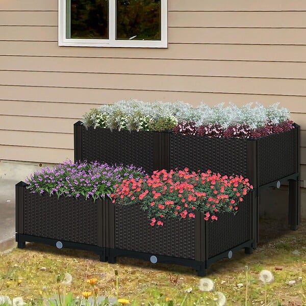 OUTSUNNY - Jardinière sur pieds carré potager 2 étages dim. 80L x 80l x 44H cm insert d'irrigation plastique imitation rotin tressé chocolat - large