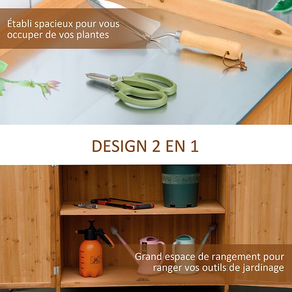 OUTSUNNY - Armoire de jardin sur pied table de rempotage 2 en 1 - double porte, étagère, plateau tôle acier galvanisé - bois de cèdre pré-huilé - large