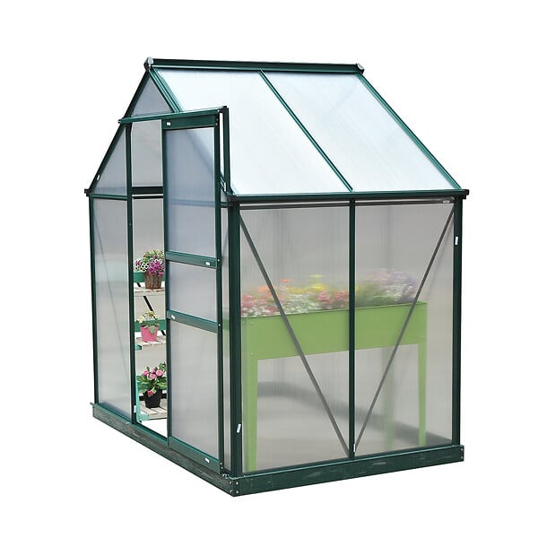 OUTSUNNY - Serre de jardin aluminium polycarbonate 2,51 m² dim. 1,9L x 1,32l x 2,01H m lucarne, porte coulissante + fondation incluse alu. vert polycarbonate transparent - large