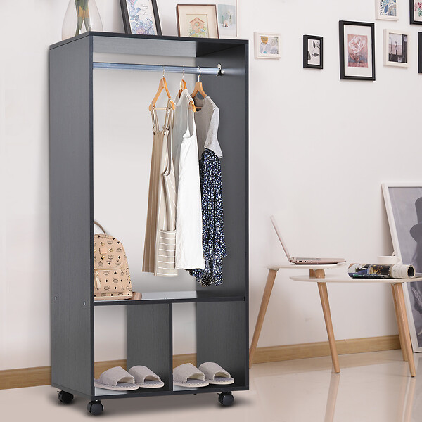 HOMCOM - Armoire penderie étagère 2 niches penderie 4 roulettes pivotantes dim. 60L x 40l x 128H cm noir - large
