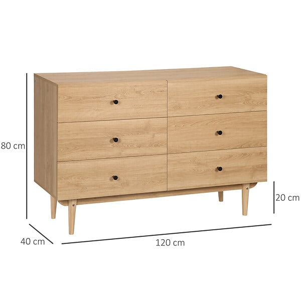 HOMCOM - Commode vintage 6 tiroirs coulissants piètement bois de pin panneaux aspect bois de teck - large
