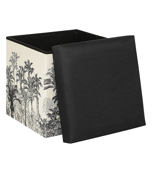 ATMOSPHERA - Pouf et Coffre de rangement en bois et tissu imprimé Noir & Blanc 38 x 38 cm - large