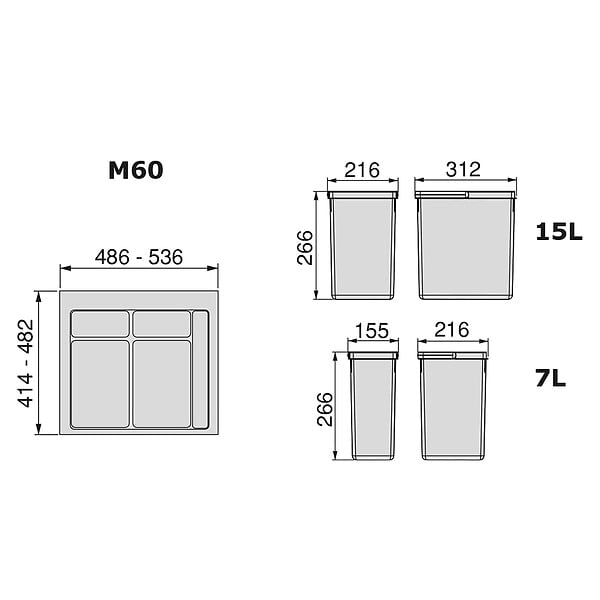 EMUCA - Kit poubelle de tri sélectif pour tiroir de cuisine avec socle Recycle hauteur 266mm, 1x15litres, 2x7litres, module 600mm, Plastique Gris antracite - large