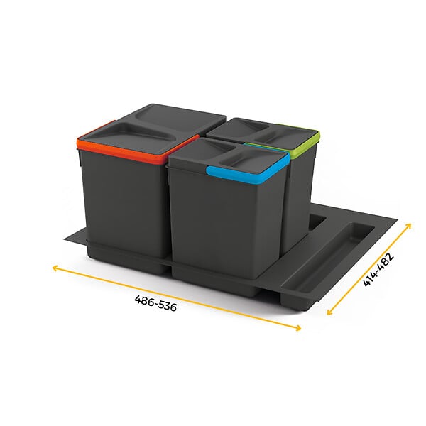 EMUCA - Kit poubelle de tri sélectif pour tiroir de cuisine avec socle Recycle hauteur 266mm, 1x15litres, 2x7litres, module 600mm, Plastique Gris antracite - large