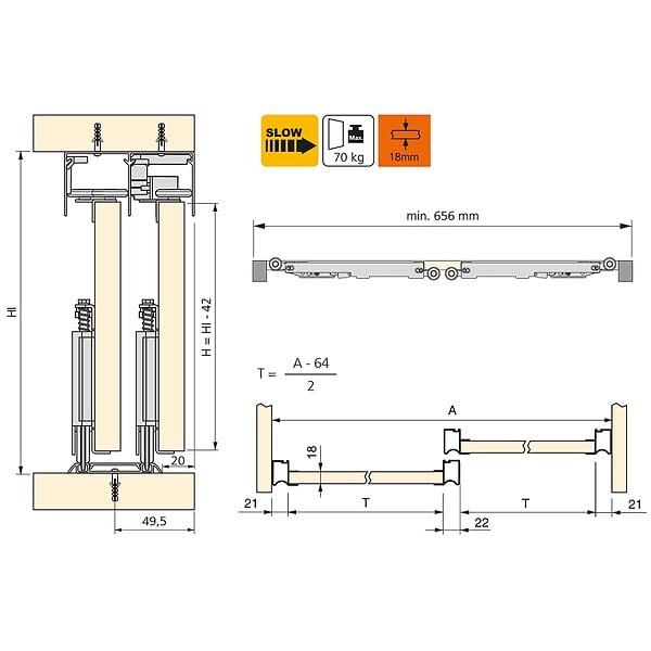 EMUCA - Kit de ferrures pour Placard 81 2 coulissants et fermeture souple, profilé Wave, épaisseur 18mm, panneaux non inclus, Anodisé mat - large