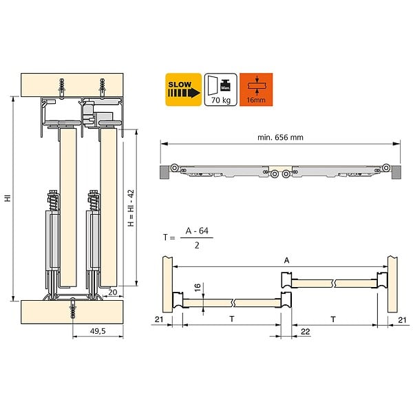 EMUCA - Kit de ferrures pour Placard 81 2 coulissants et fermeture souple, profilé Wave, épaisseur 16mm, panneaux non inclus, Anodisé mat - large